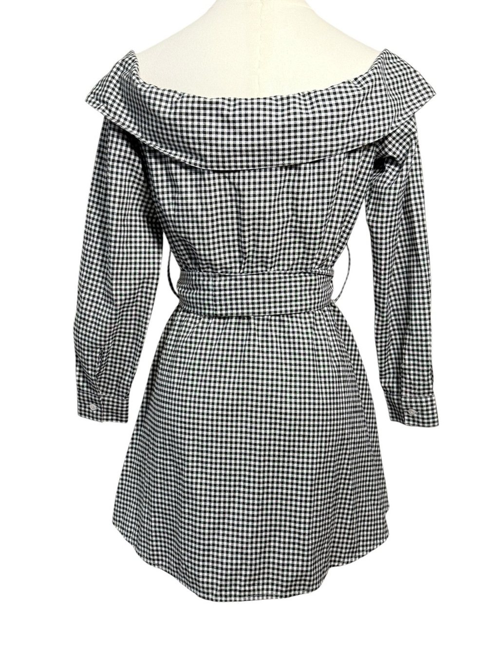 NWOT - L’Academie Off Shoulder Gingham Mini Dress Black White XS - Picture 4 of 8
